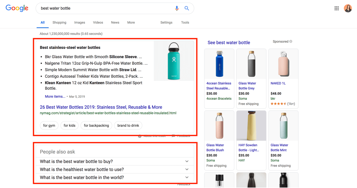 featured snippet results for best water bottle search query